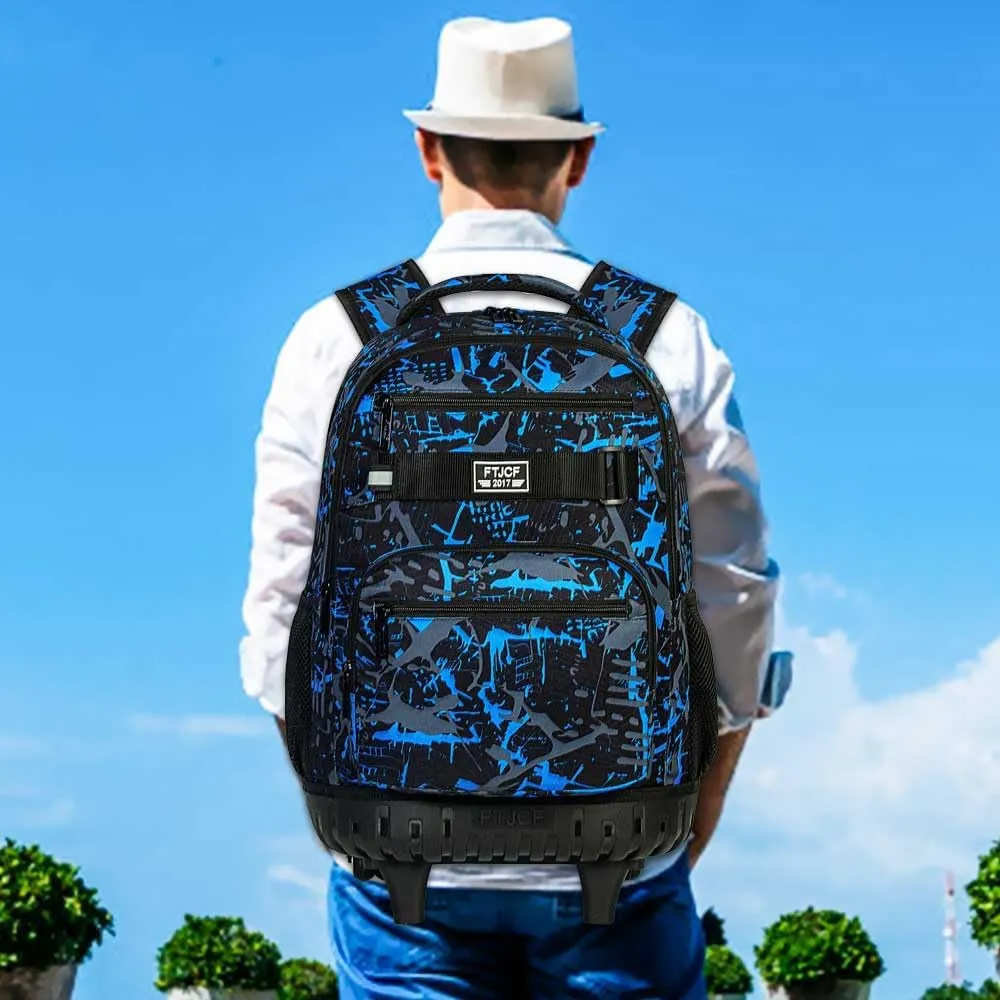 3Pcs Rolling Backpack for Boys, Men Roller Bag with Wheels for Adults, 19 Inche Graffiti Wheeled Bookbag with Lunch Box(Blue)