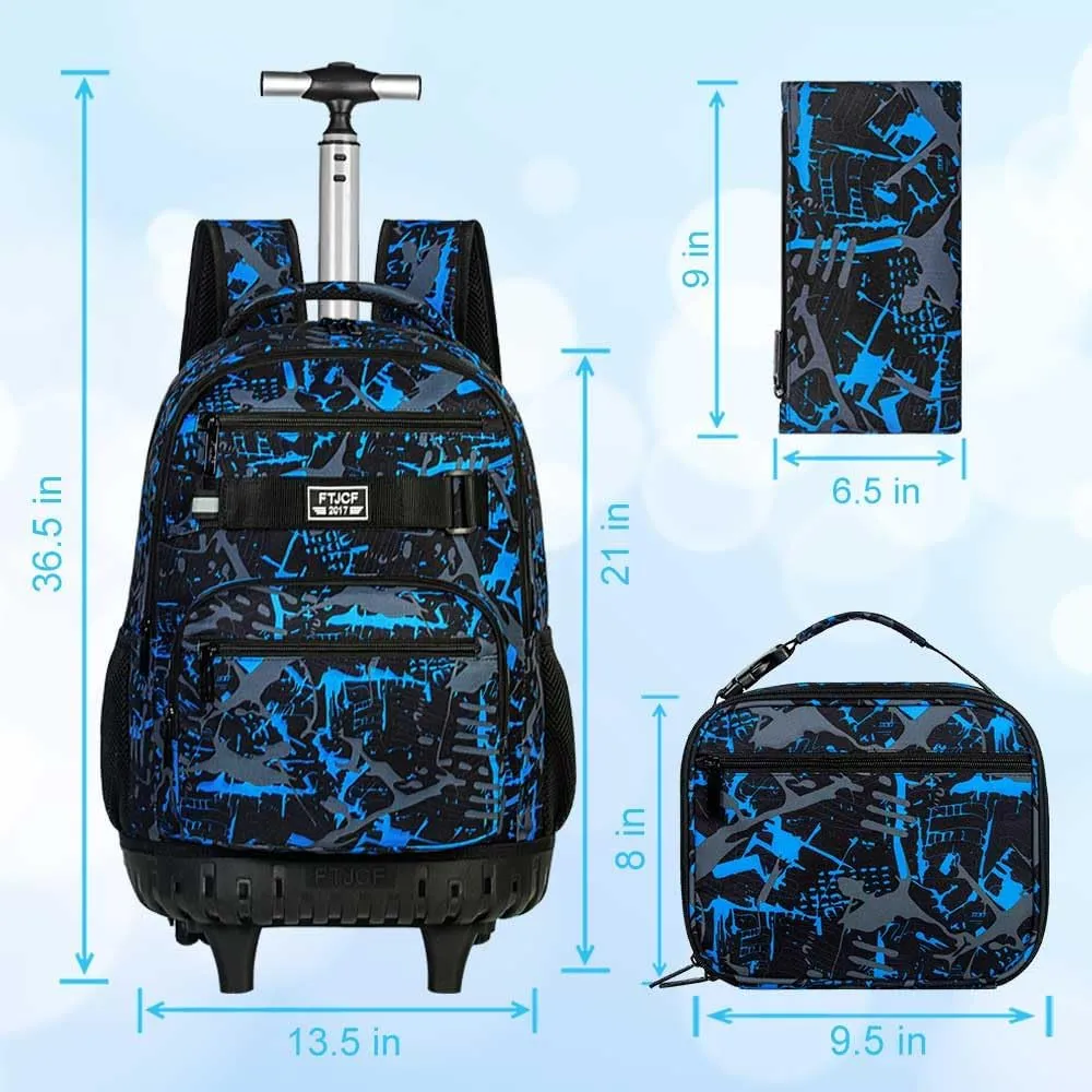 3Pcs Rolling Backpack for Boys, Men Roller Bag with Wheels for Adults, 19 Inche Graffiti Wheeled Bookbag with Lunch Box(Blue)