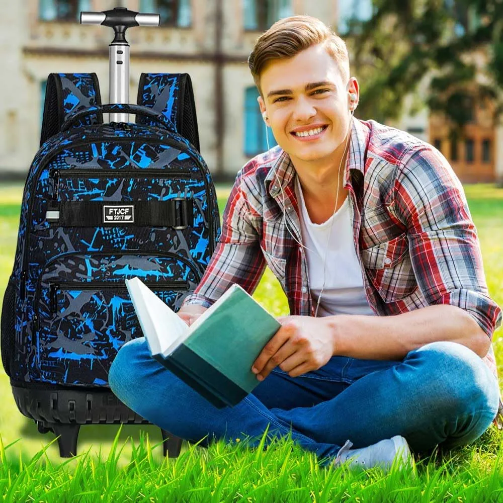 3Pcs Rolling Backpack for Boys, Men Roller Bag with Wheels for Adults, 19 Inche Graffiti Wheeled Bookbag with Lunch Box(Blue)