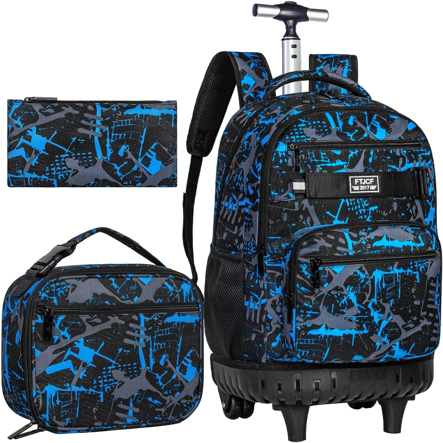 3Pcs Rolling Backpack for Boys, Men Roller Bag with Wheels for Adults, 19 Inche Graffiti Wheeled Bookbag with Lunch Box(Blue)