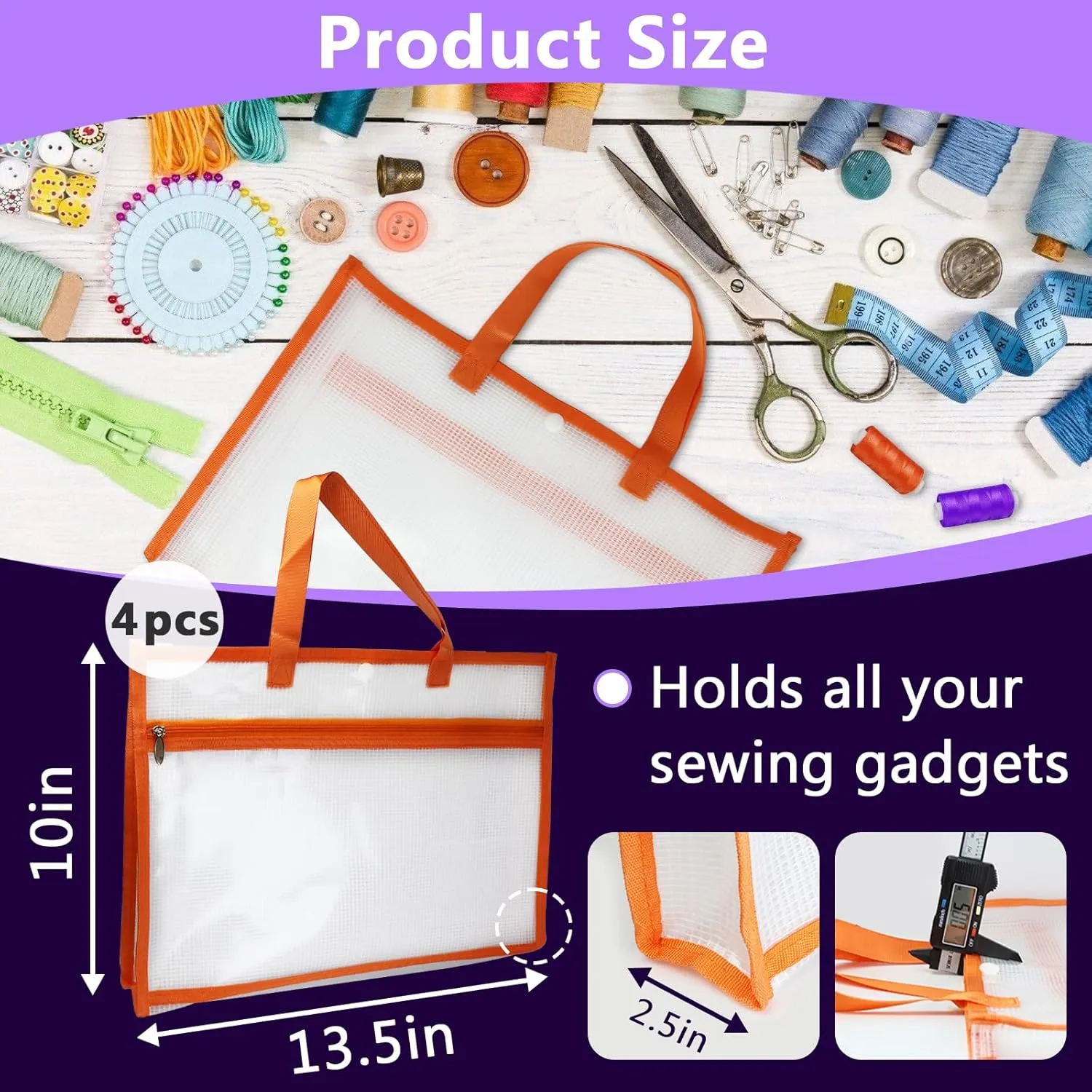 4 Pcs Portable Project Bags for Quilting Knitting, Stitching and Embroidery Projects Storage, Madam Sew Project Bag with Zipper and Double Pockets, Transparent Mesh Sewing Project Bag for Crafter