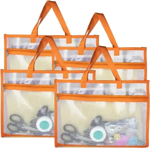 4 Pcs Portable Project Bags for Quilting Knitting, Stitching and Embroidery Projects Storage, Madam Sew Project Bag with Zipper and Double Pockets, Transparent Mesh Sewing Project Bag for Crafter