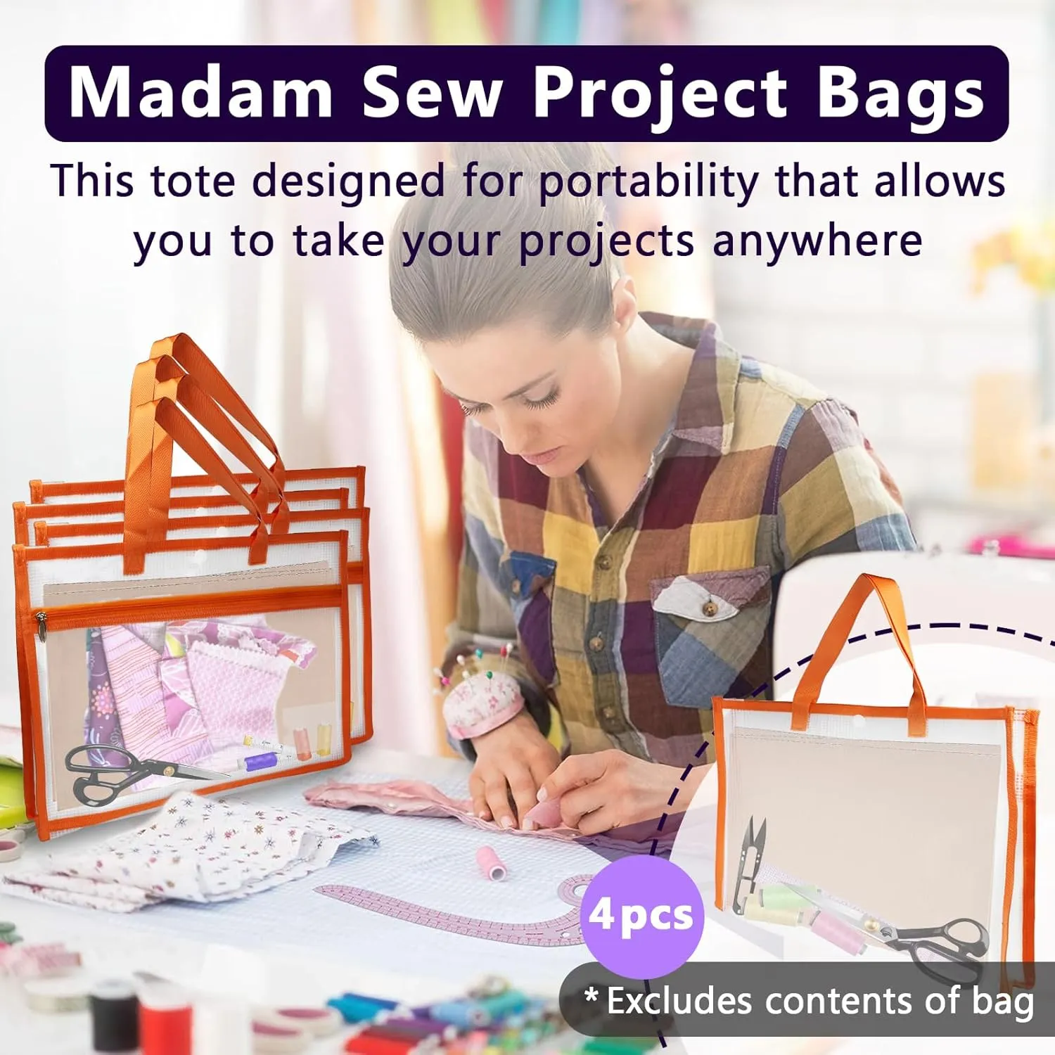 4 Pcs Portable Project Bags for Quilting Knitting, Stitching and Embroidery Projects Storage, Madam Sew Project Bag with Zipper and Double Pockets, Transparent Mesh Sewing Project Bag for Crafter