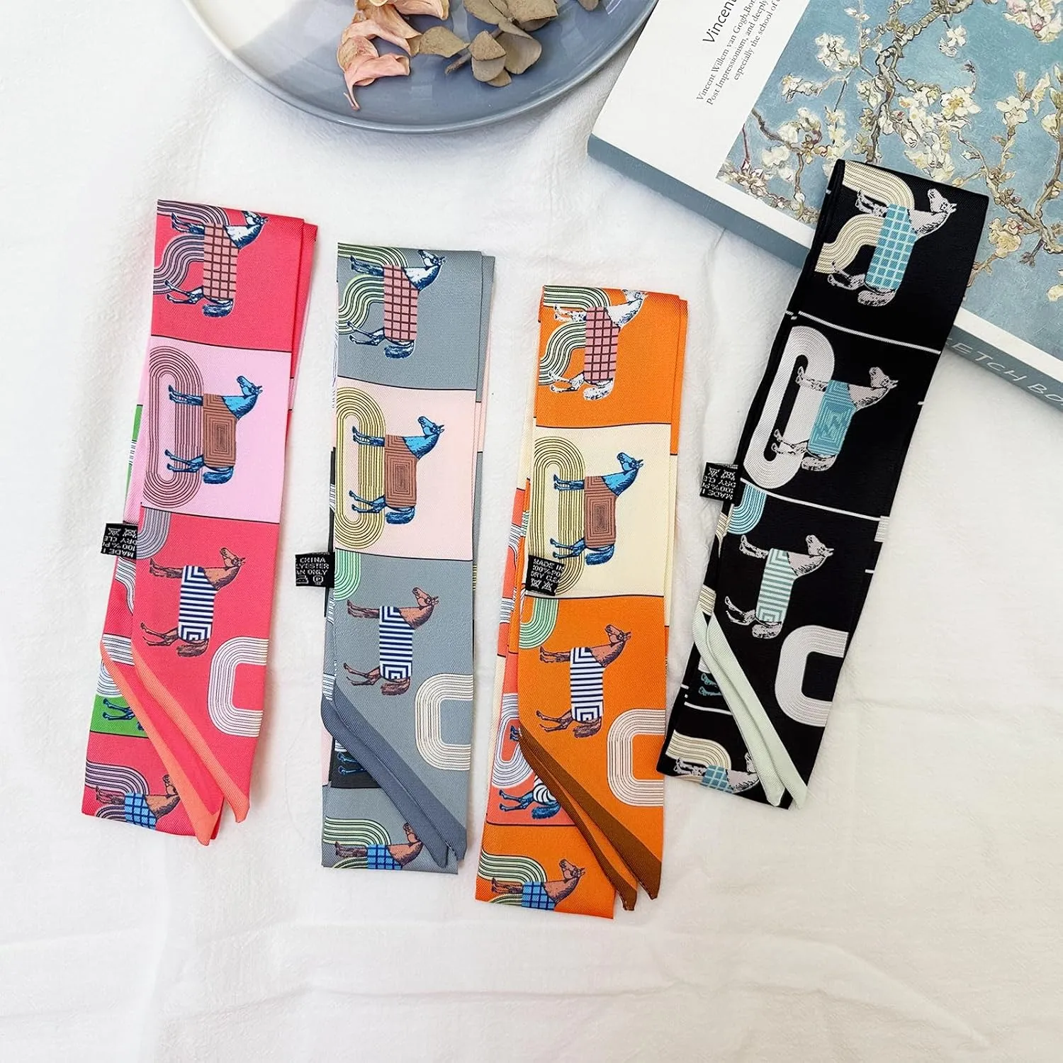 4pcs Purse Scarf For Handbags Silk Head Scarf For Hair Fashion Skinny Scarf For Women Long Neckerchief