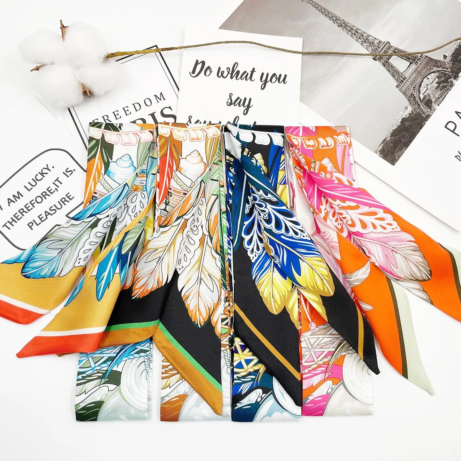 4pcs Purse Scarf For Handbags Silk Head Scarf For Hair Fashion Skinny Scarf For Women Long Neckerchief