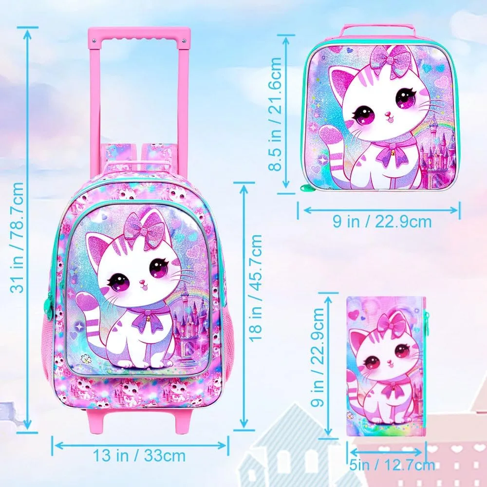 4PCS Rolling Backpack for Girls, Cat Roller School Bookbag with Lunch Bag, Kids Water Resistant Wheeled Backpacks for Teens Elementary Trave