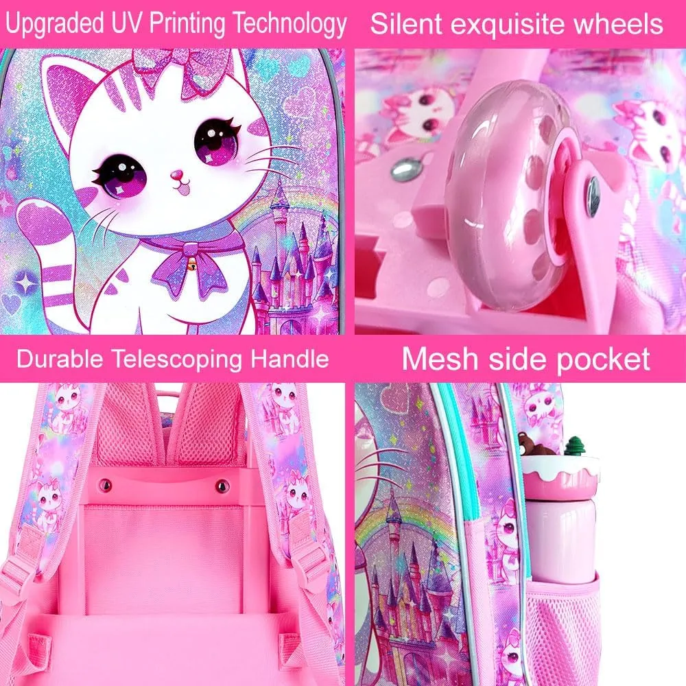 4PCS Rolling Backpack for Girls, Cat Roller School Bookbag with Lunch Bag, Kids Water Resistant Wheeled Backpacks for Teens Elementary Trave