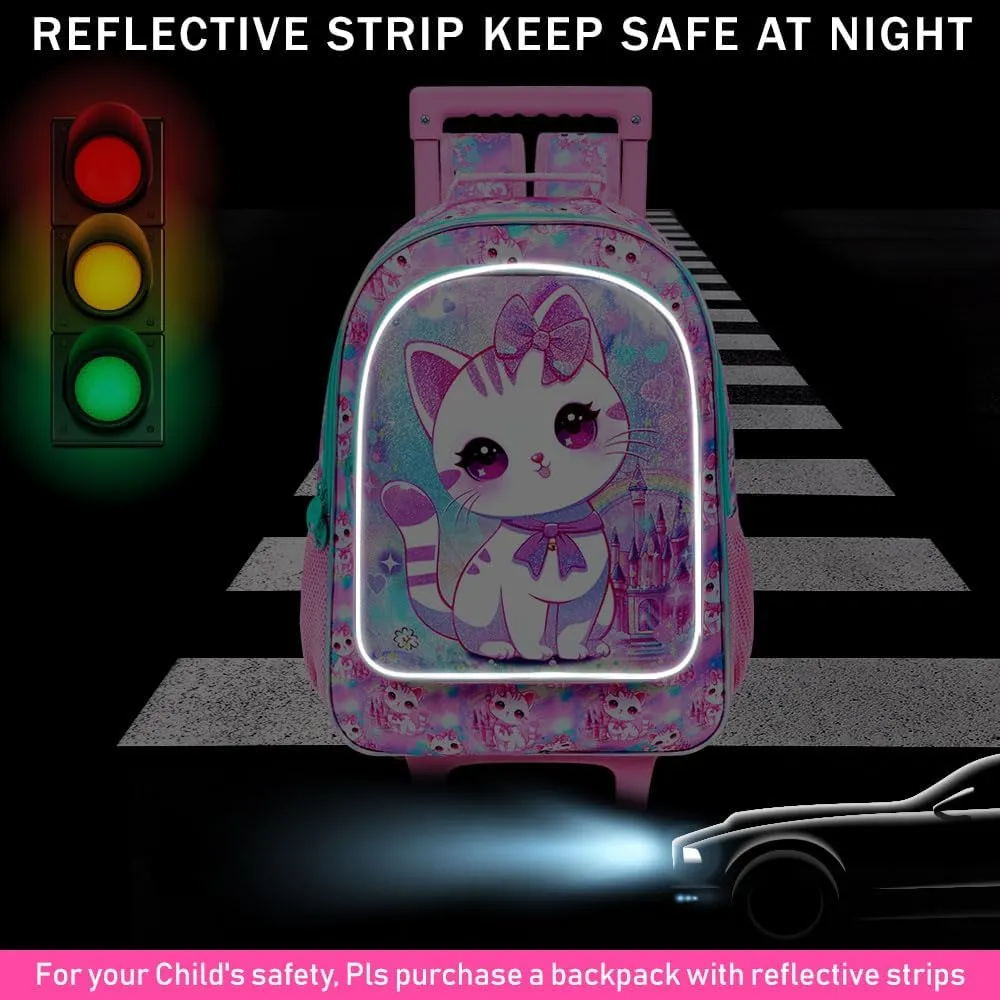 4PCS Rolling Backpack for Girls, Cat Roller School Bookbag with Lunch Bag, Kids Water Resistant Wheeled Backpacks for Teens Elementary Trave