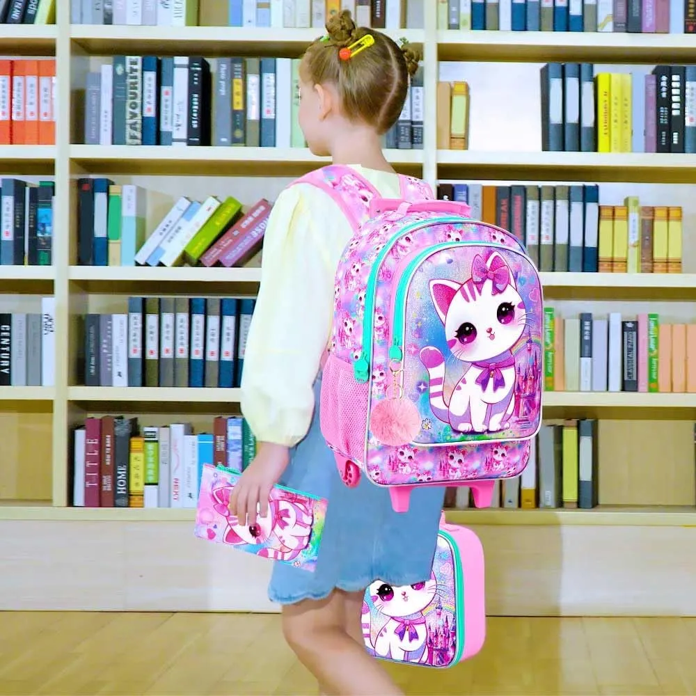 4PCS Rolling Backpack for Girls, Cat Roller School Bookbag with Lunch Bag, Kids Water Resistant Wheeled Backpacks for Teens Elementary Trave
