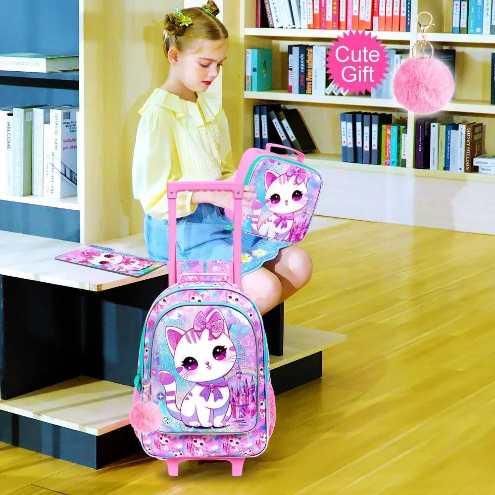 4PCS Rolling Backpack for Girls, Cat Roller School Bookbag with Lunch Bag, Kids Water Resistant Wheeled Backpacks for Teens Elementary Trave