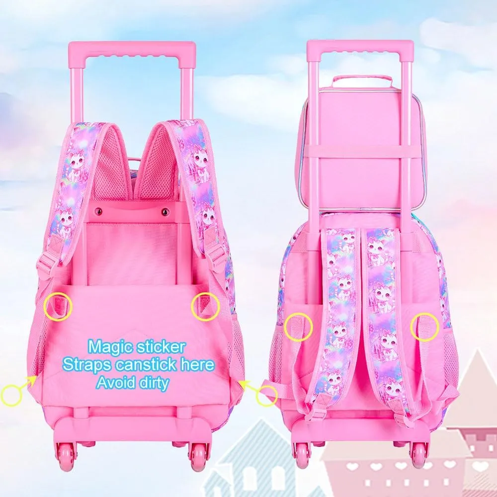 4PCS Rolling Backpack for Girls, Cat Roller School Bookbag with Lunch Bag, Kids Water Resistant Wheeled Backpacks for Teens Elementary Trave