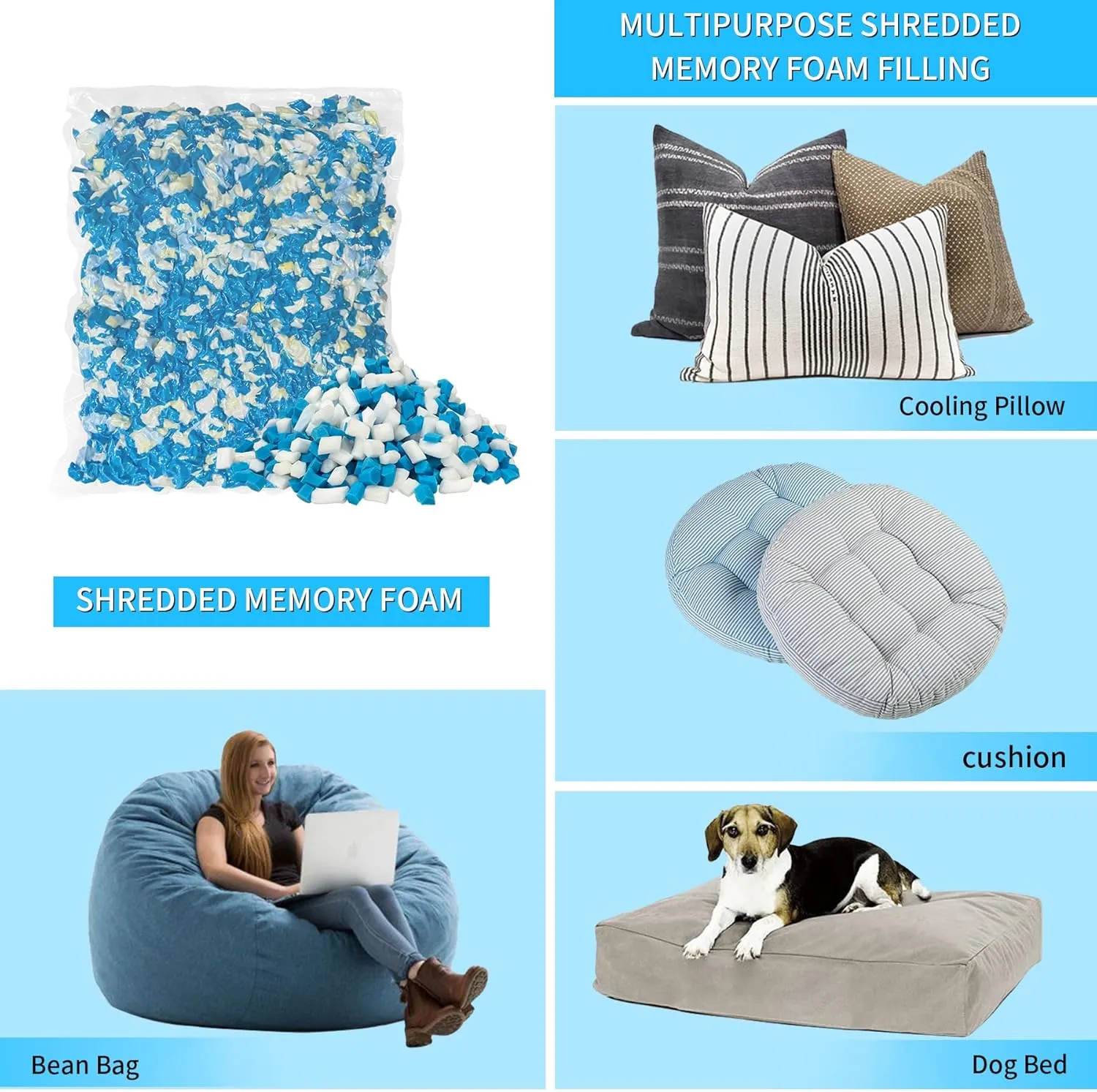 5 LBS Shredded Memory Foam Filling, Bean Bag Filler, Added Gel Particles Comfortable and Soft,Very Suitable for Filling Bean Bags, Pillows,Dog beds, Couch Cushion