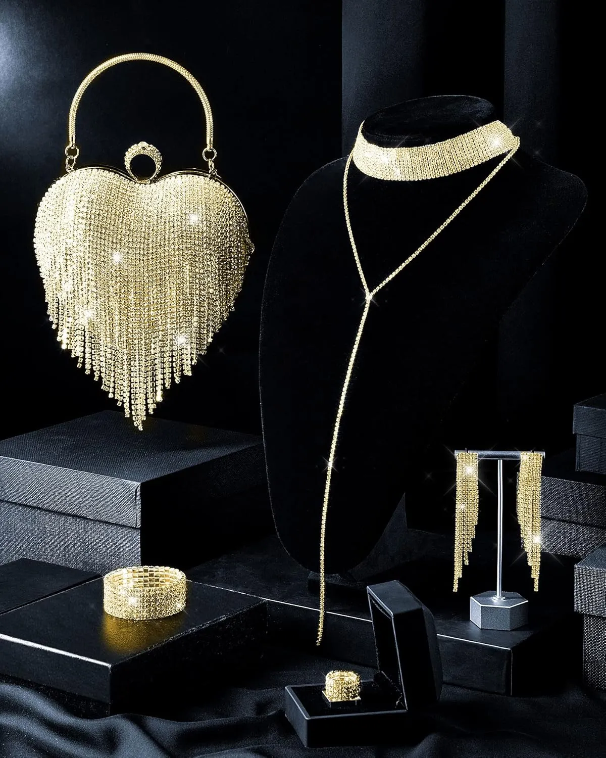 5 Pcs Valentine's Day Rhinestone Clutch Purses Jewelry Set for Women Heart Shape Tassel Evening Clutch Bag