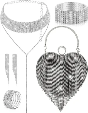 5 Pcs Valentine's Day Rhinestone Clutch Purses Jewelry Set for Women Heart Shape Tassel Evening Clutch Bag