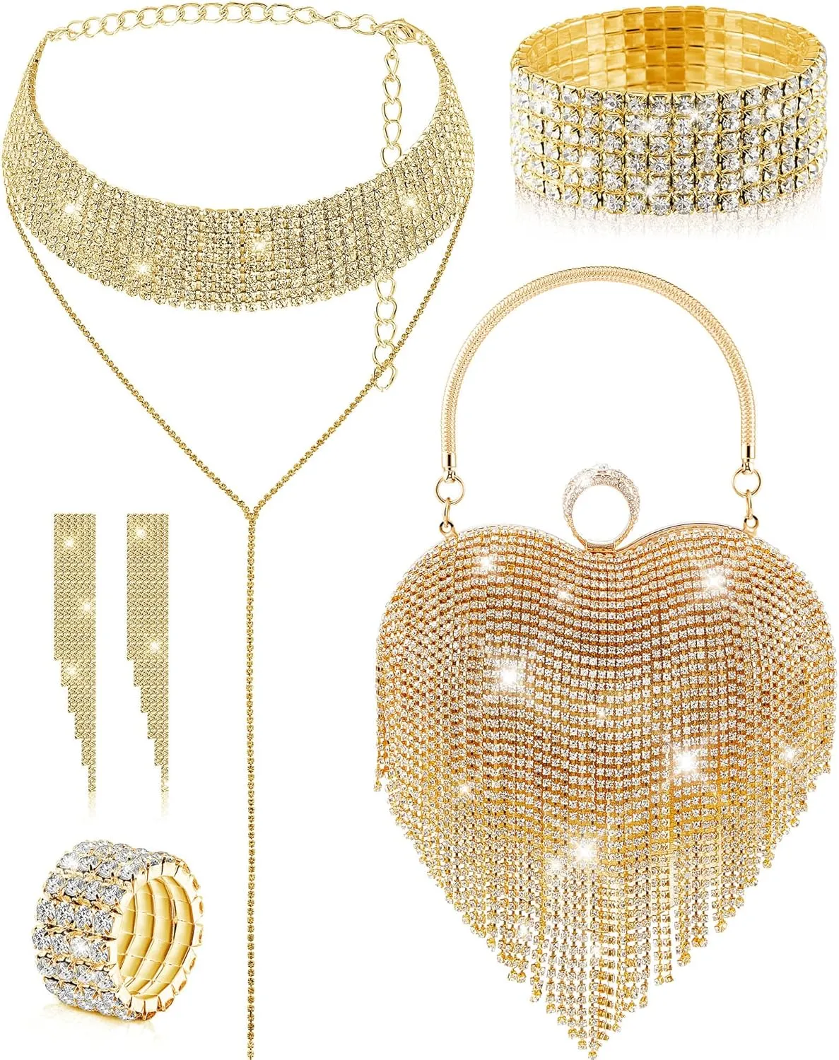 5 Pcs Valentine's Day Rhinestone Clutch Purses Jewelry Set for Women Heart Shape Tassel Evening Clutch Bag