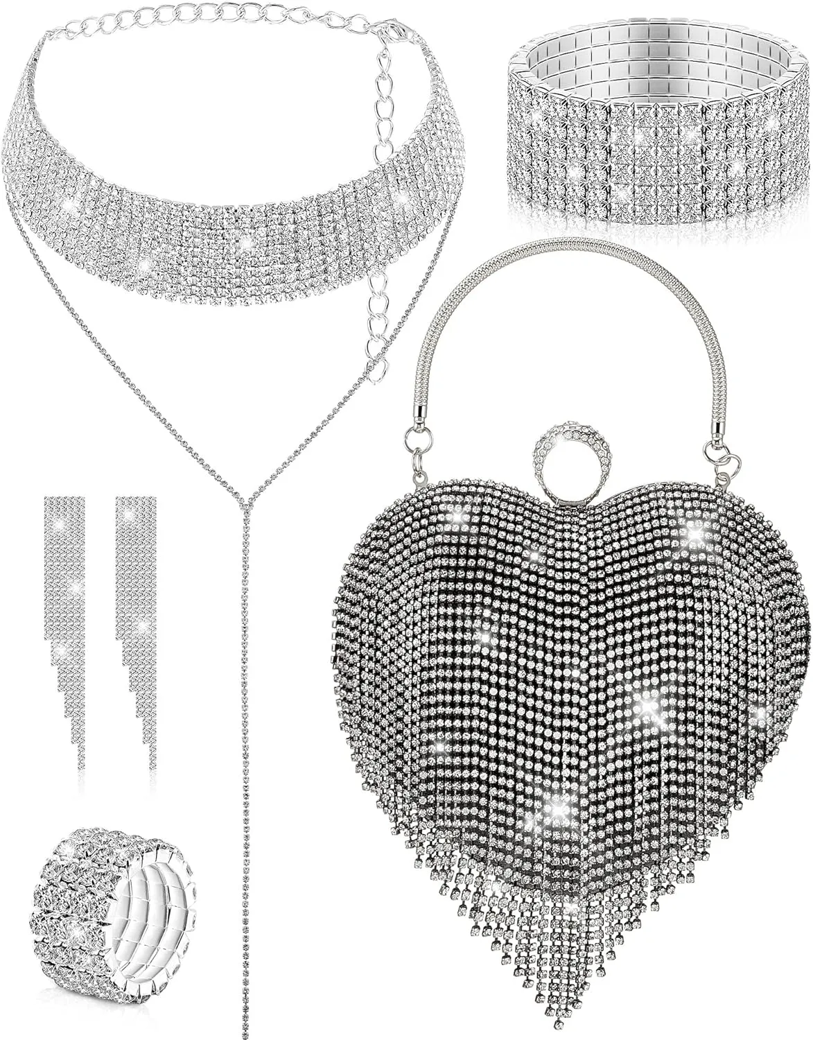 5 Pcs Valentine's Day Rhinestone Clutch Purses Jewelry Set for Women Heart Shape Tassel Evening Clutch Bag
