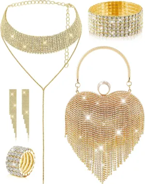 5 Pcs Valentine's Day Rhinestone Clutch Purses Jewelry Set for Women Heart Shape Tassel Evening Clutch Bag