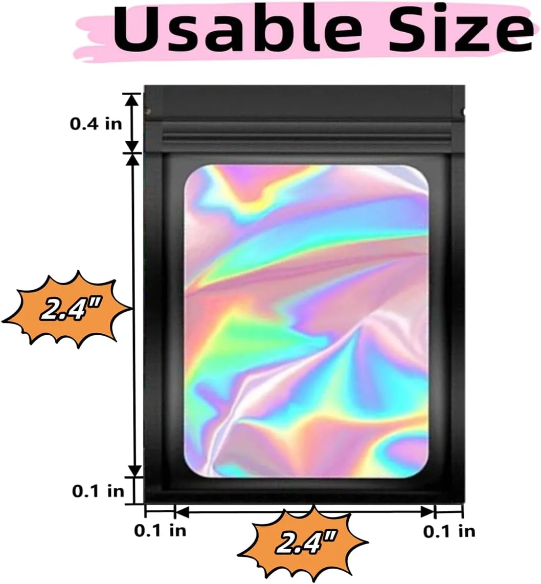 50 Pack Black Mylar Bags, Plastic Smell Proof Bag Reusable Holographic bags Small Ziplock Bag with Clear Window Jewelry Bags Sample Bags Gift Bags Packaging for Small Business (2.4" X 2.4")