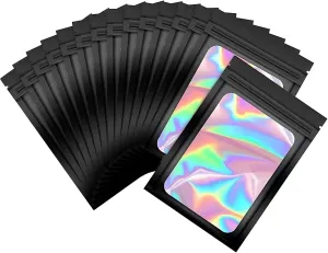 50 Pack Black Mylar Bags, Plastic Smell Proof Bag Reusable Holographic bags Small Ziplock Bag with Clear Window Jewelry Bags Sample Bags Gift Bags Packaging for Small Business (2.4" X 2.4")