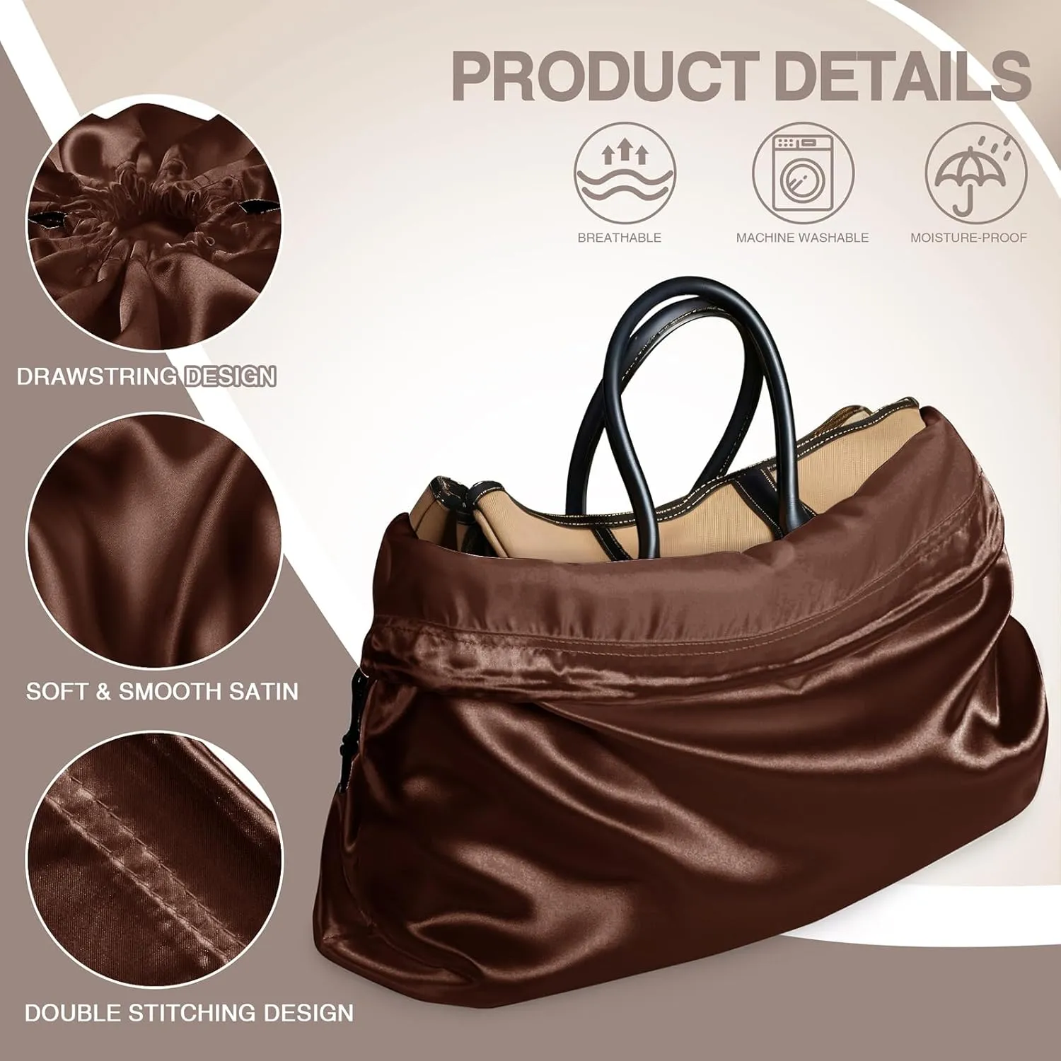 6 Pack Silky Dust Bags for Handbags, Brown Satin Dust Cover Bag Silk Drawstring Bag Handbag Protector Travel Storage Pouch for Purse Shoes Boots(19.6 x 15.7 In   23.6 x 19.6 In)