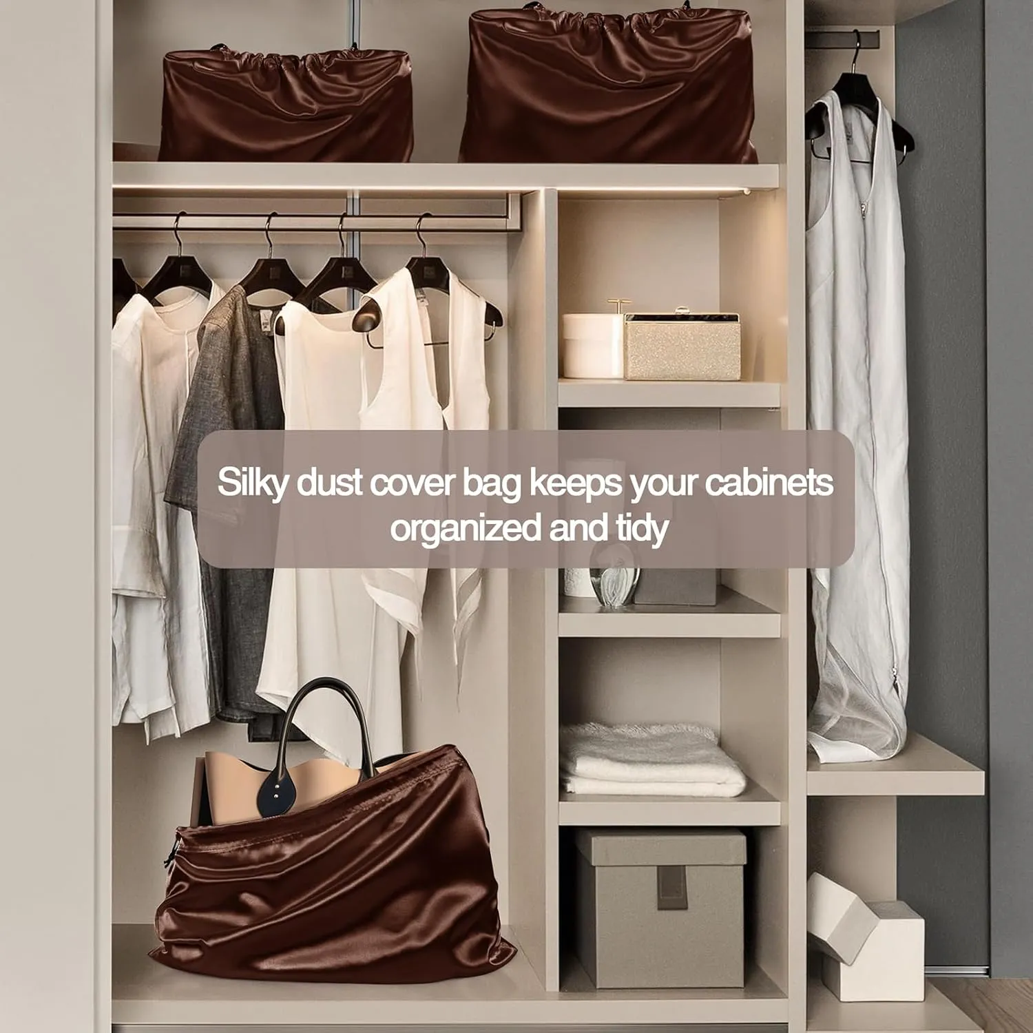 6 Pack Silky Dust Bags for Handbags, Brown Satin Dust Cover Bag Silk Drawstring Bag Handbag Protector Travel Storage Pouch for Purse Shoes Boots(19.6 x 15.7 In   23.6 x 19.6 In)