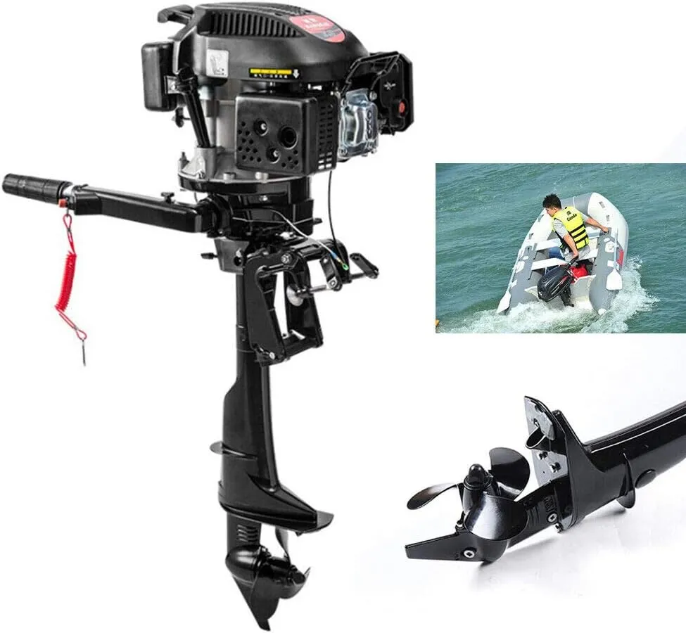 6HP 4 Stroke Outboard Motor,140CC Heavy Duty Gas Powered Boat Engine with Water Cooling System， Tiller control, Manual start，Black