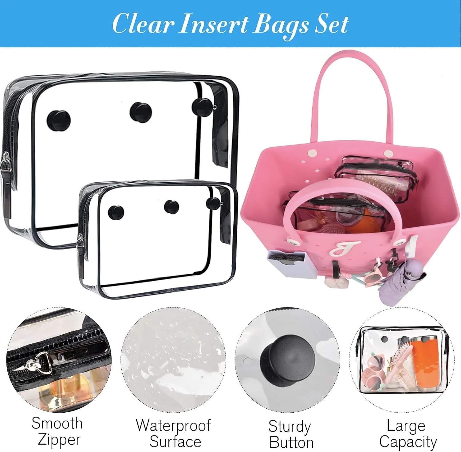 8 PCS Beach Bag Accessories Set for Bogg Bag, Silicone Phone Holder, 2 Clear Bag Insert Pouch, 4 Key Chain Hooks and Carabiners, Letter Charms Attachment, Compatible for Small & Large Beach Tote Bags