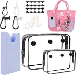 8 PCS Beach Bag Accessories Set for Bogg Bag, Silicone Phone Holder, 2 Clear Bag Insert Pouch, 4 Key Chain Hooks and Carabiners, Letter Charms Attachment, Compatible for Small & Large Beach Tote Bags