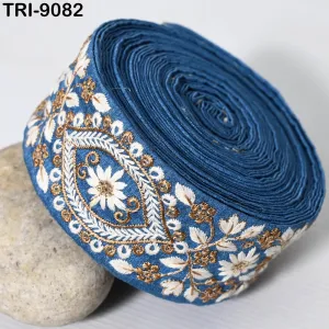 9 Yard Blue Indian Embellishment Embroidered 5 CM Fabric Trim Saree Ribbon Crafting Sewing Embroidery Border Dress Trimmings Beach Tote Bags