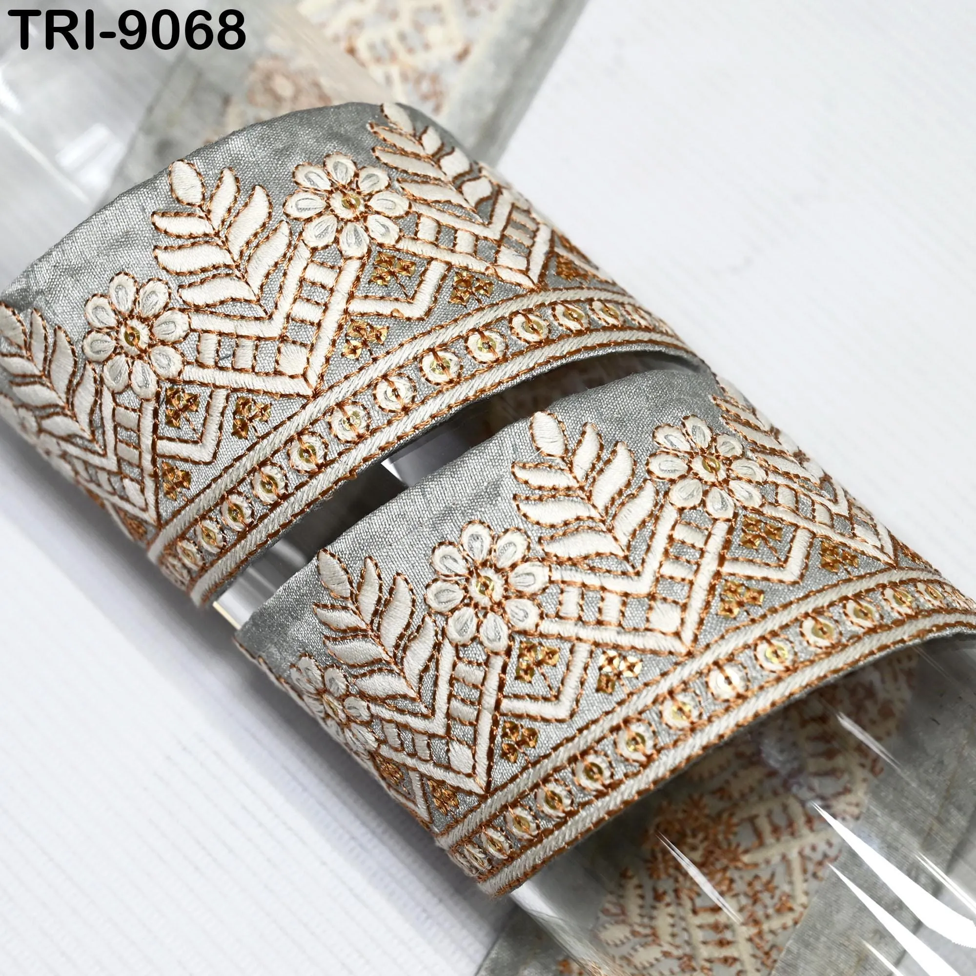 9 Yard Embroidered Trims Ribbon Embroidery 6cm Grey Decorative Indian Embellishments Tapes DIY Crafting Clutches Sewing Dog Collar Tote Bags