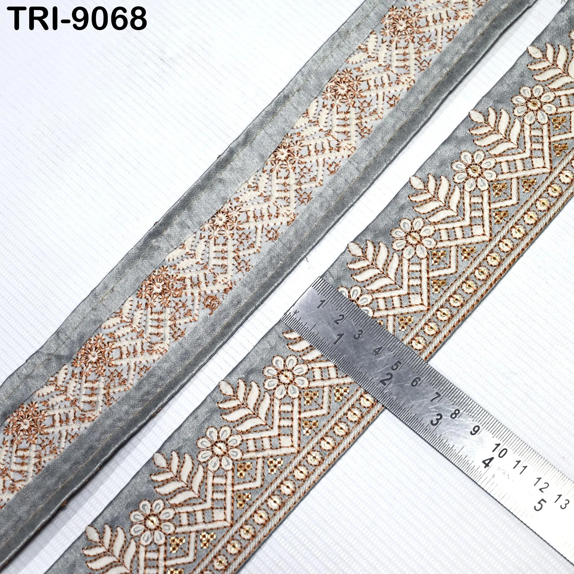 9 Yard Embroidered Trims Ribbon Embroidery 6cm Grey Decorative Indian Embellishments Tapes DIY Crafting Clutches Sewing Dog Collar Tote Bags