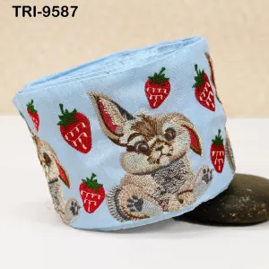 9 Yard Embroidery Ribbon Trim Rabbit with Strawberries Saree Border Crafting Sewing Throw Pillow Home Decor Embellishments Junk Journals 9cm