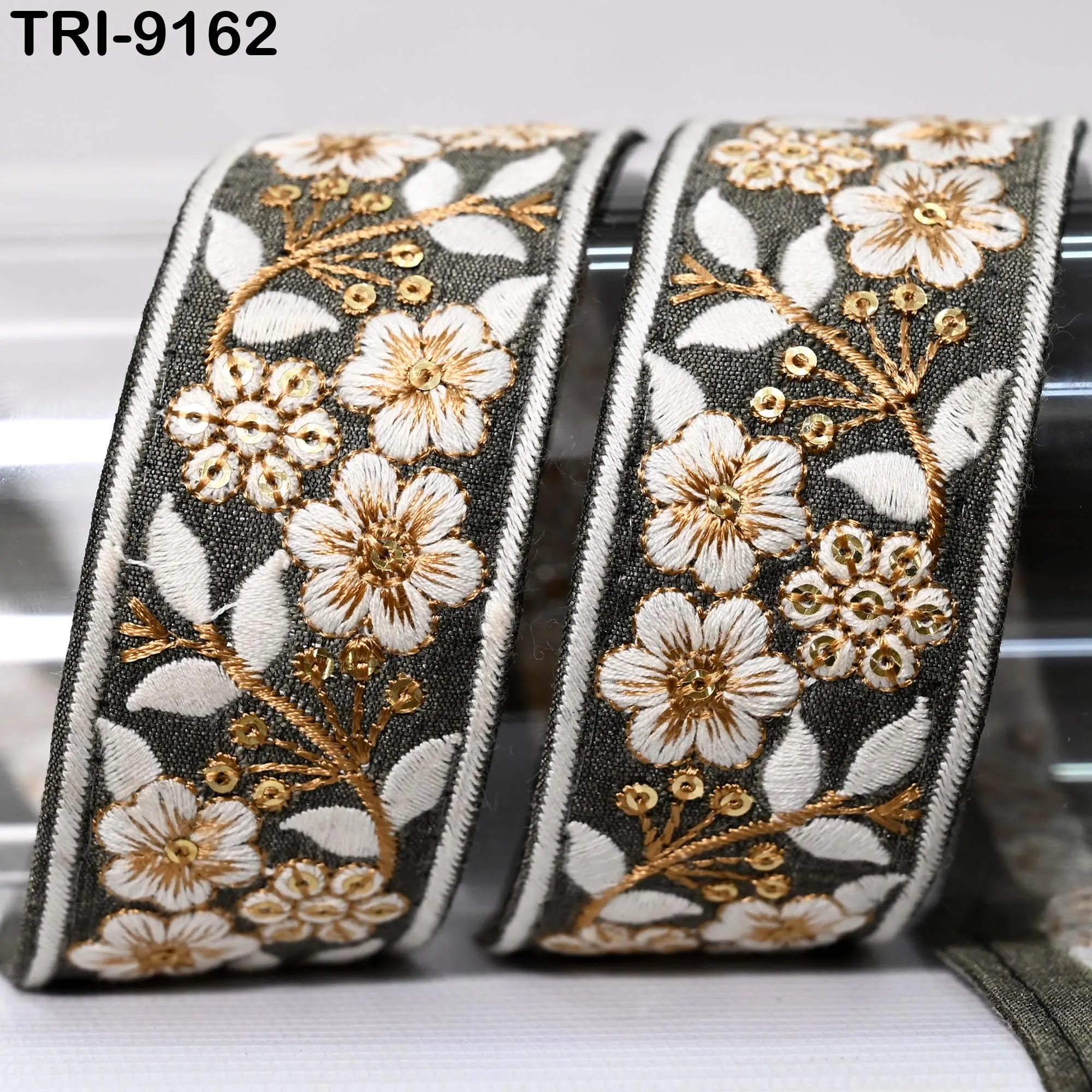9 Yard Grey Embroidery Ribbon 4cm Trim Embroidered Indian Sari Embellishments DIY Crafting Cats Dogs Collar Trimmings Headband Saree Border