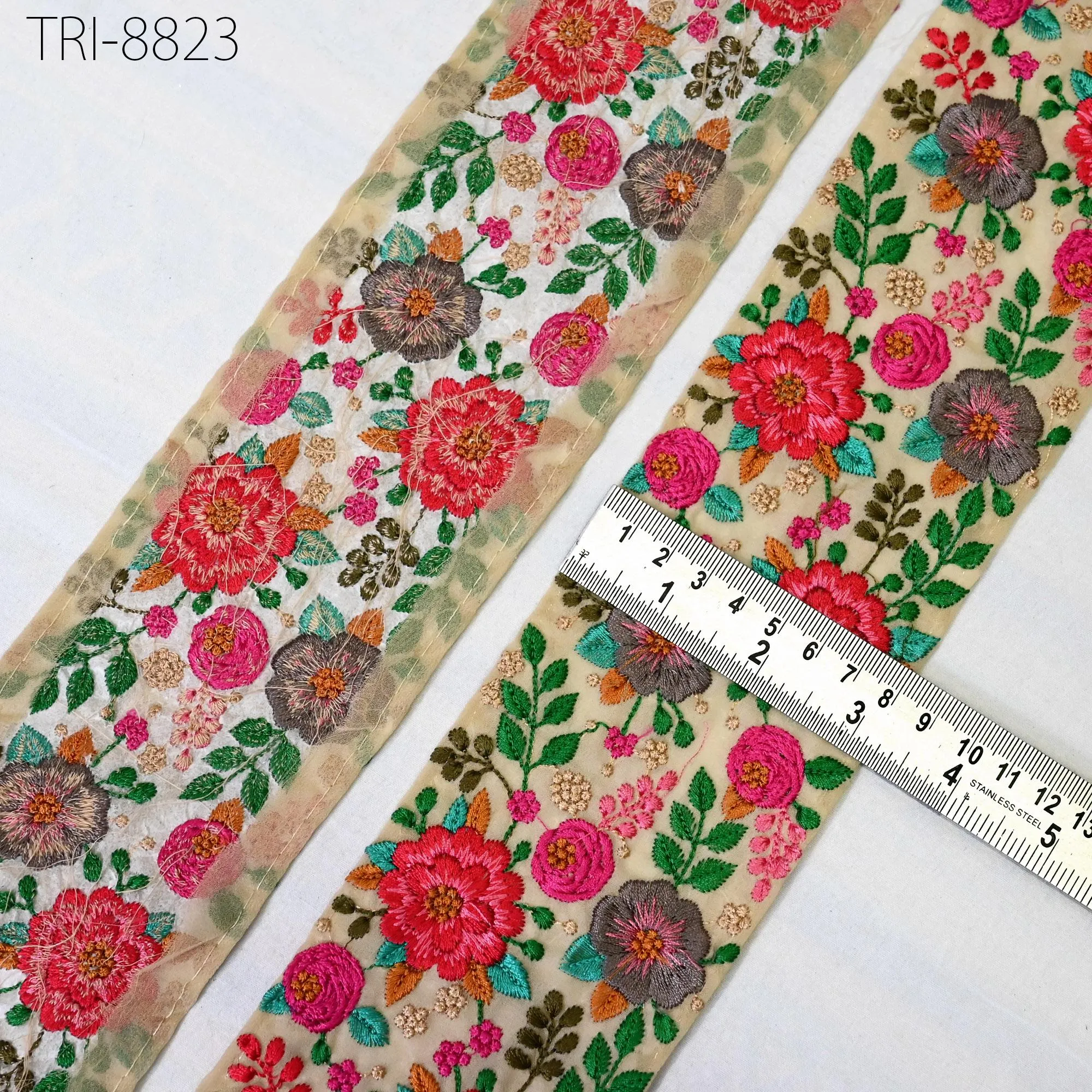 9 Yard Red Embroidered  8 CM Saree Border Embroidery Ribbon Trim Crafting Sewing Accessories for Beach Bags, Costumes Christmas Home Decor