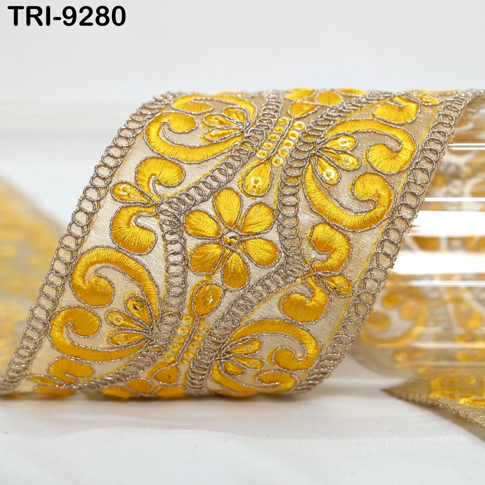 9 Yard Yellow Indian Embroidery Trim Ribbon 8cm Embroidered Wedding Sari Lehenga Border Sewing Crafting Wall Decor Junk Journals Headbands