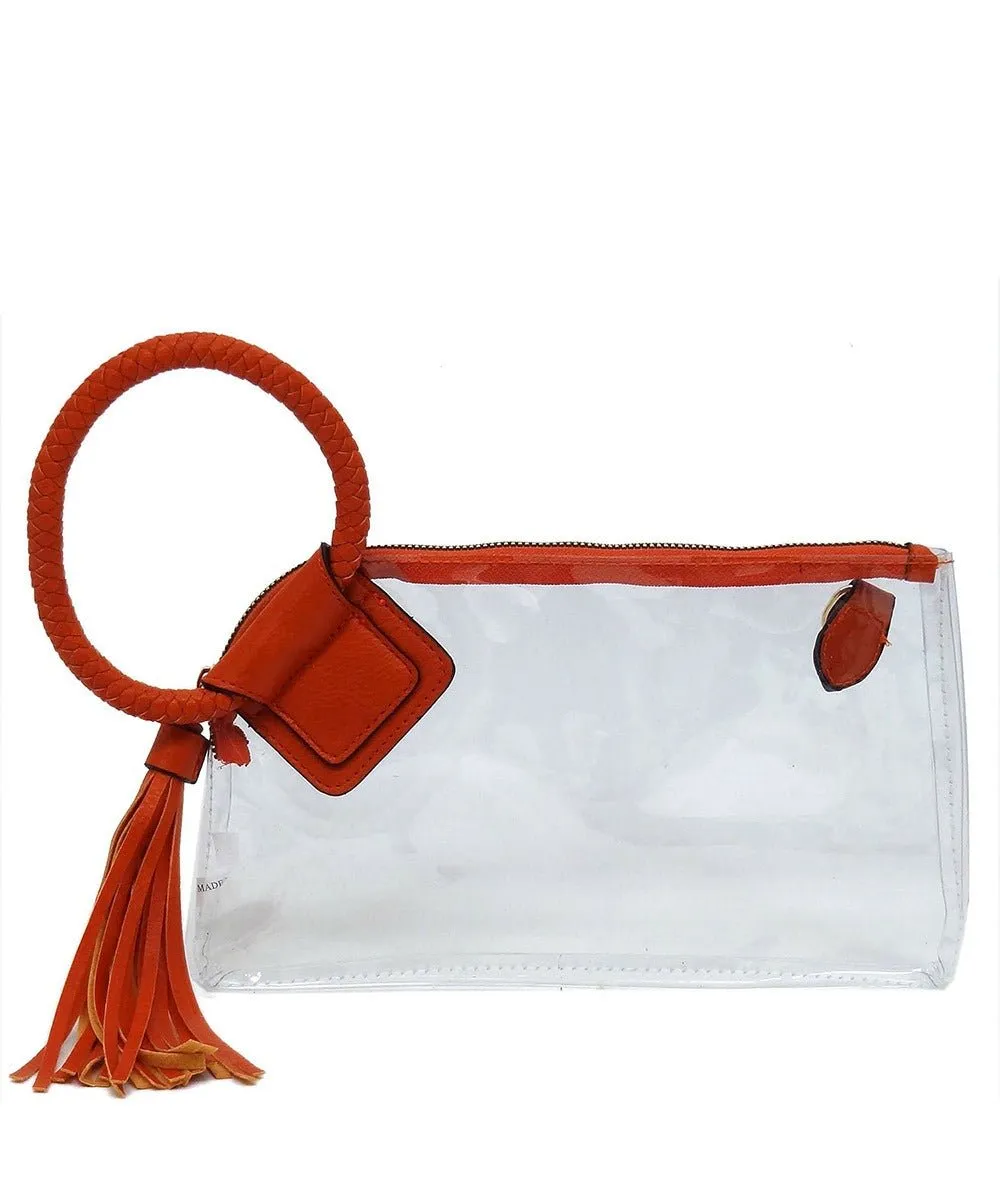AD205T See Through Clear Cuff Handle Tassel Wristlet Clutch/Crossbody