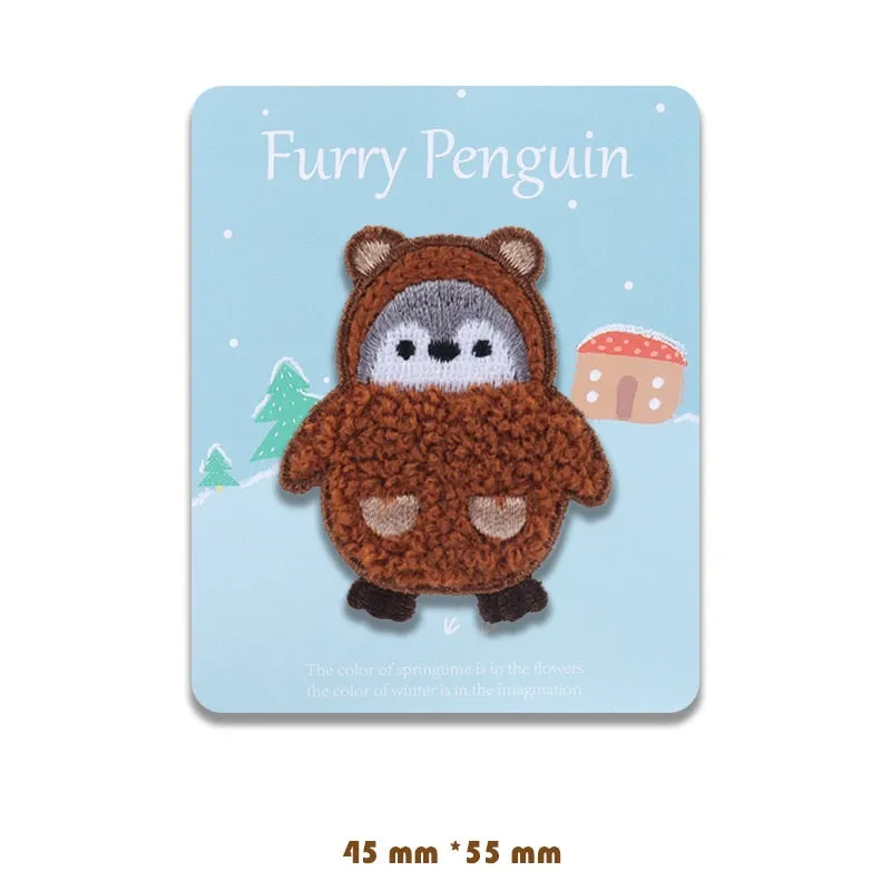 Adorable Self-Adhesive Furry Penguin Embroidered Patches 5 Pack