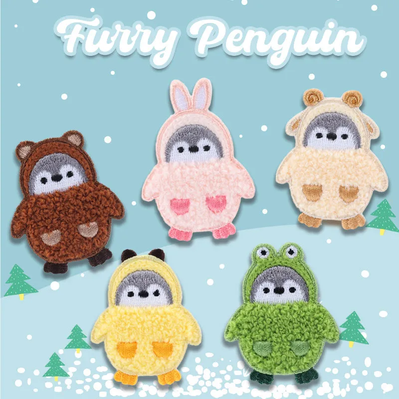 Adorable Self-Adhesive Furry Penguin Embroidered Patches 5 Pack