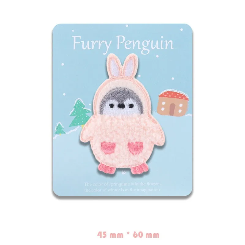 Adorable Self-Adhesive Furry Penguin Embroidered Patches 5 Pack
