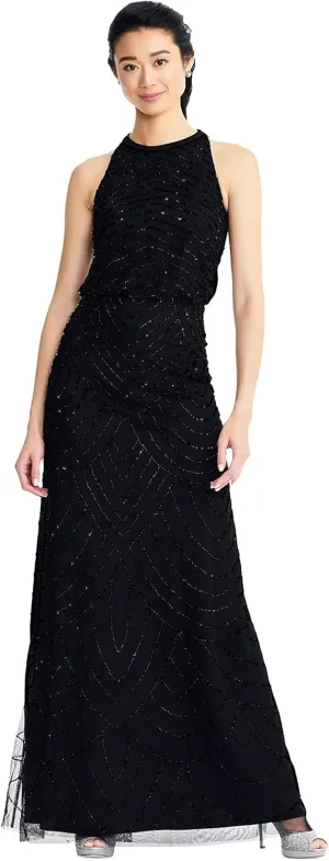 Adrianna Papell Women's Halter Art Deco Beaded Blouson Dress