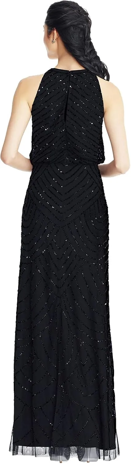 Adrianna Papell Women's Halter Art Deco Beaded Blouson Dress