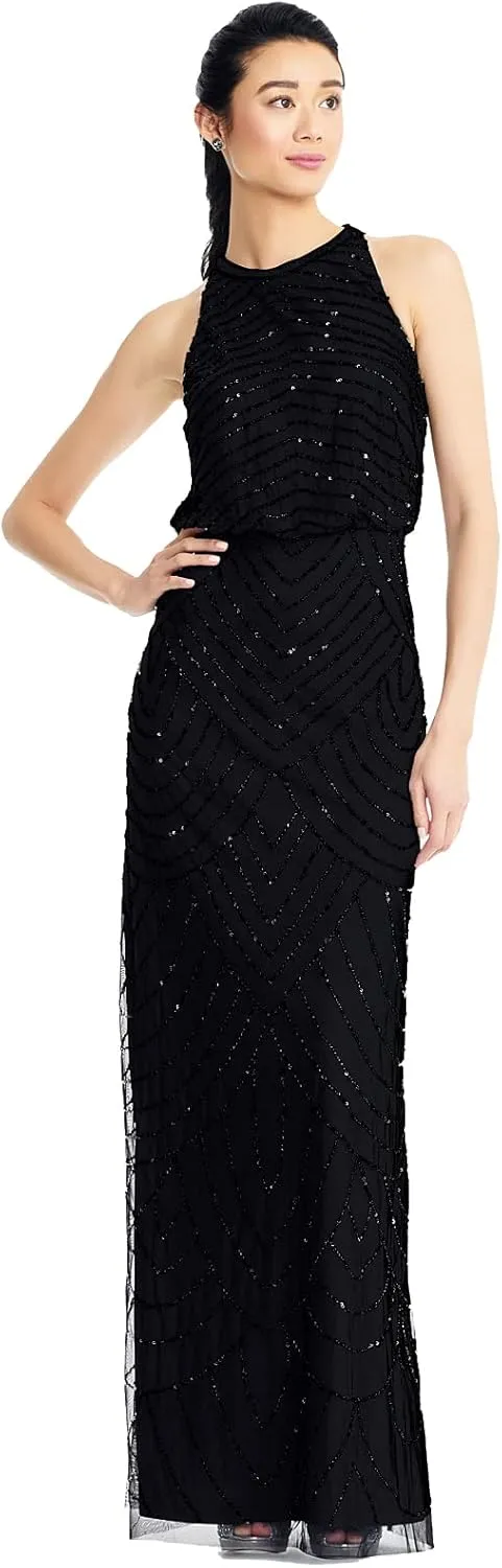 Adrianna Papell Women's Halter Art Deco Beaded Blouson Dress