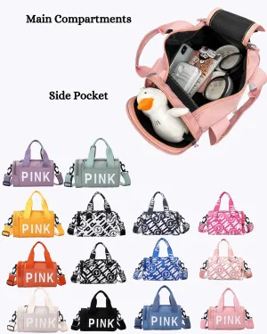 Aesthetic Small Gym Bag, Cute Duffle Bag with Handle, Travel Tote Bag, Overnight Shoulder Bag, Sturdy Crossover Bag Carryon (Pink with White Print)