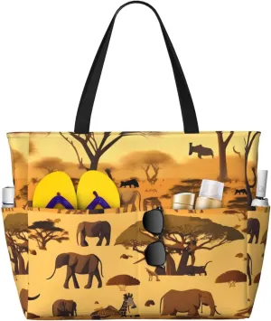 African grassland animals Print 28L Beach Tote Bag, Water-resistant Travel Tote, Lightweight Gym & Camping Carryall