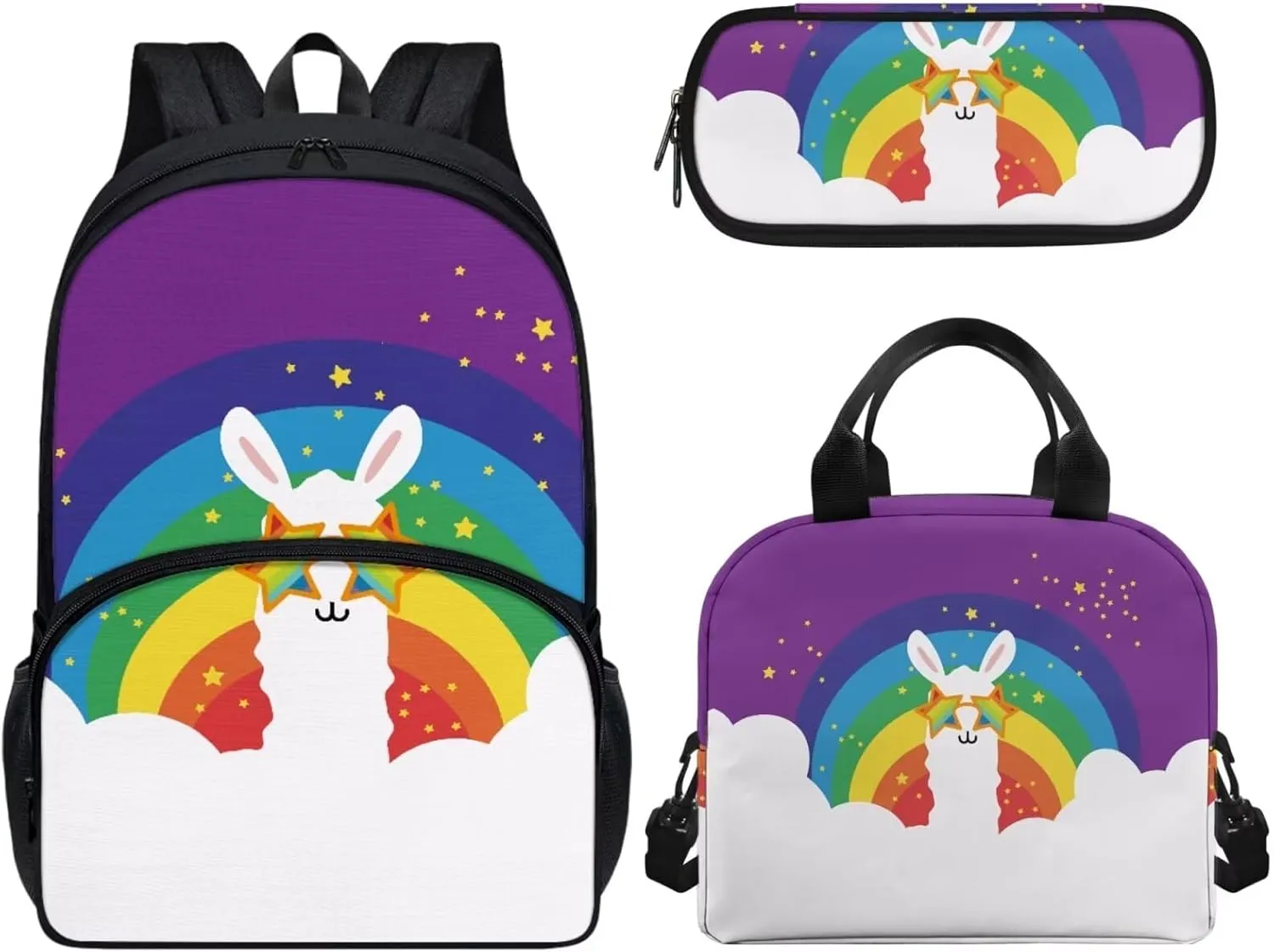 Alpaca Rainbow Print Kids Backpacks for Child, Lunch Bag & Pencil Bag, 17-inch Bookbags Middle School Backpack Comfortable Set of 3