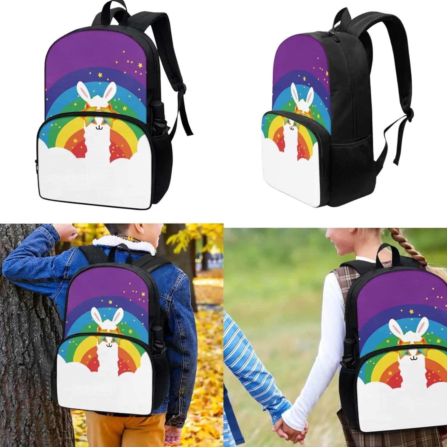 Alpaca Rainbow Print Kids Backpacks for Child, Lunch Bag & Pencil Bag, 17-inch Bookbags Middle School Backpack Comfortable Set of 3