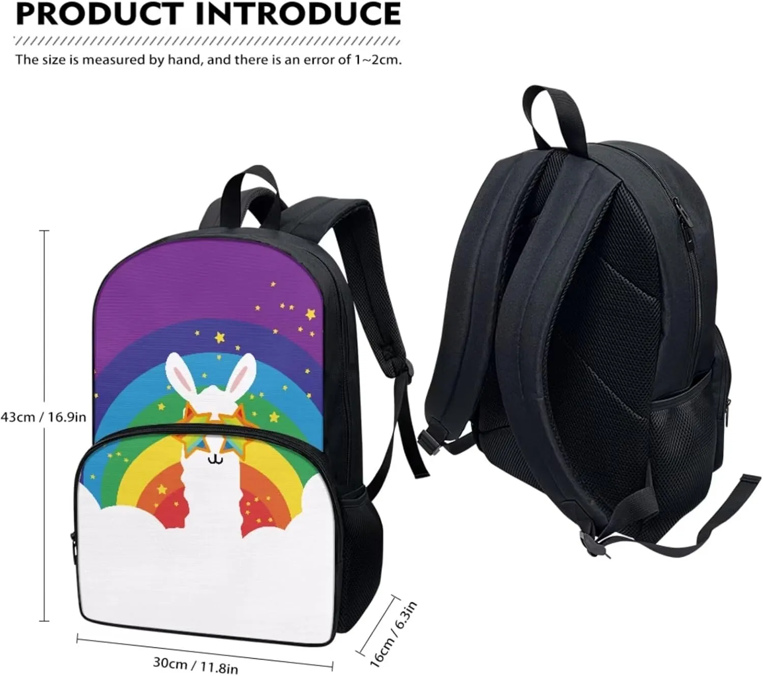 Alpaca Rainbow Print Kids Backpacks for Child, Lunch Bag & Pencil Bag, 17-inch Bookbags Middle School Backpack Comfortable Set of 3
