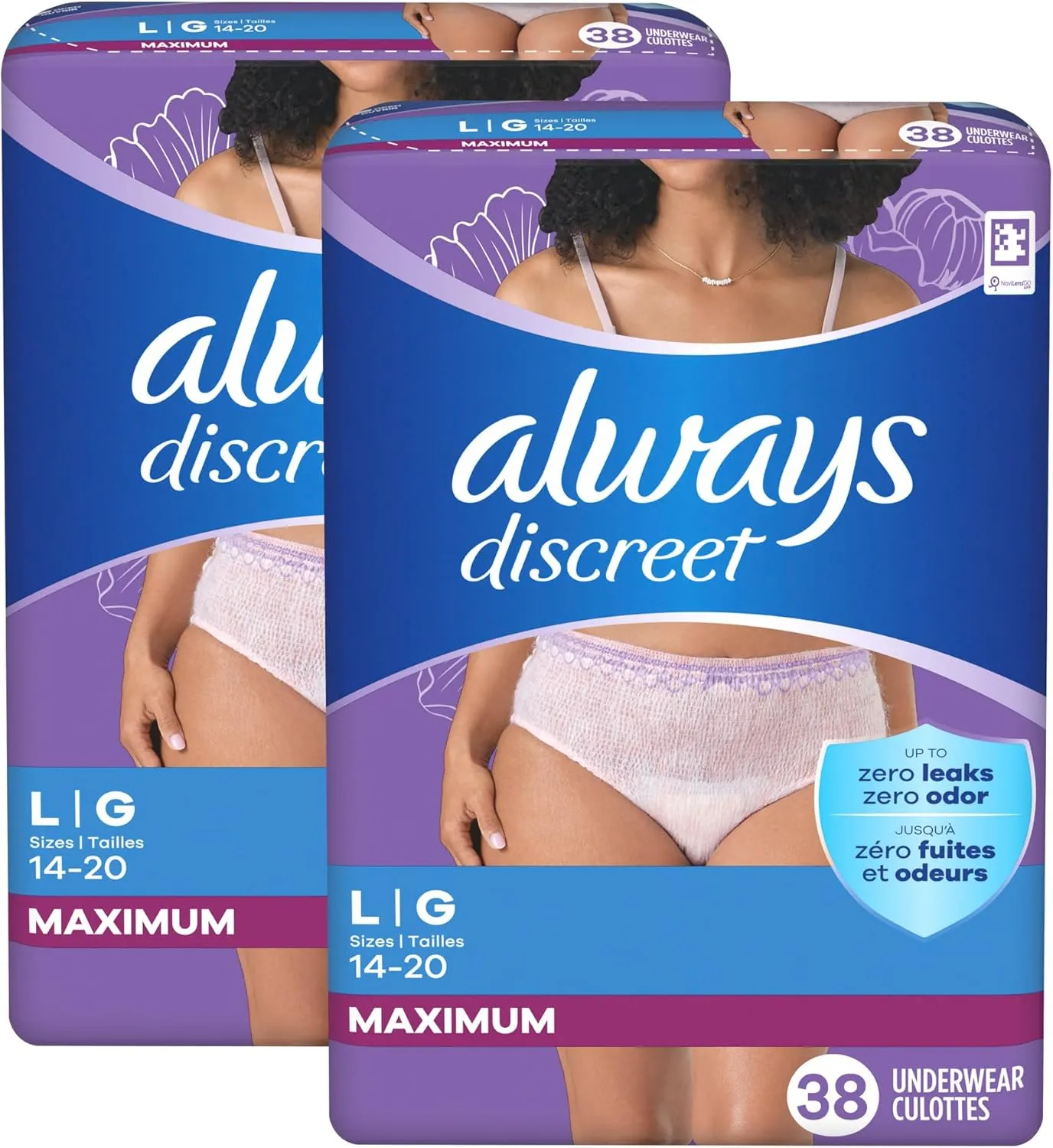 Always Discreet Adult Incontinence Underwear for Women and Postpartum Underwear, L, Up to 100% Bladder Leak Protection, 76 Count (Packaging May Vary)