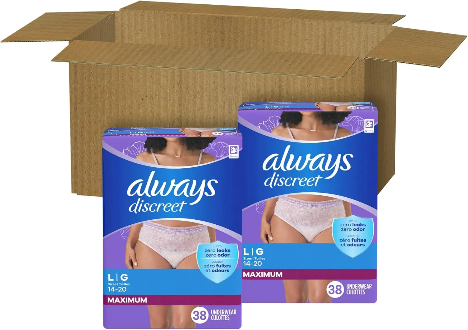 Always Discreet Adult Incontinence Underwear for Women and Postpartum Underwear, L, Up to 100% Bladder Leak Protection, 76 Count (Packaging May Vary)