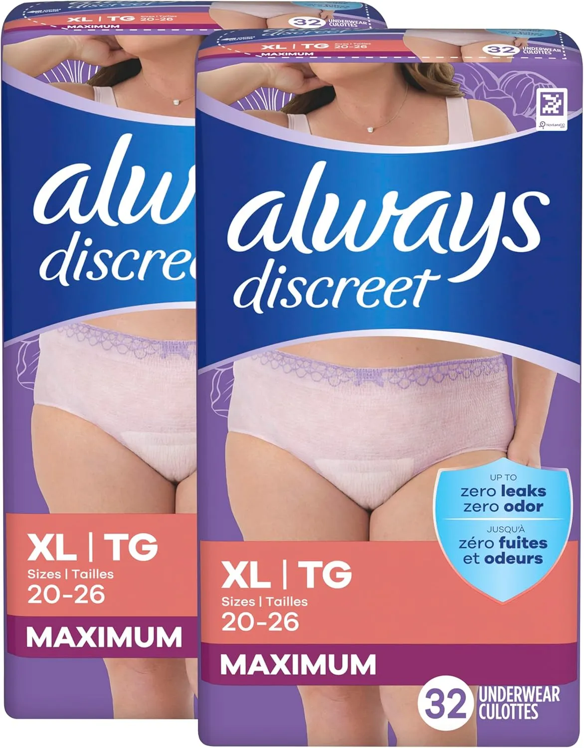Always Discreet Adult Incontinence Underwear for Women and Postpartum Underwear, XL, Up to 100% Bladder Leak Protection, 64 Count (Packaging May Vary)